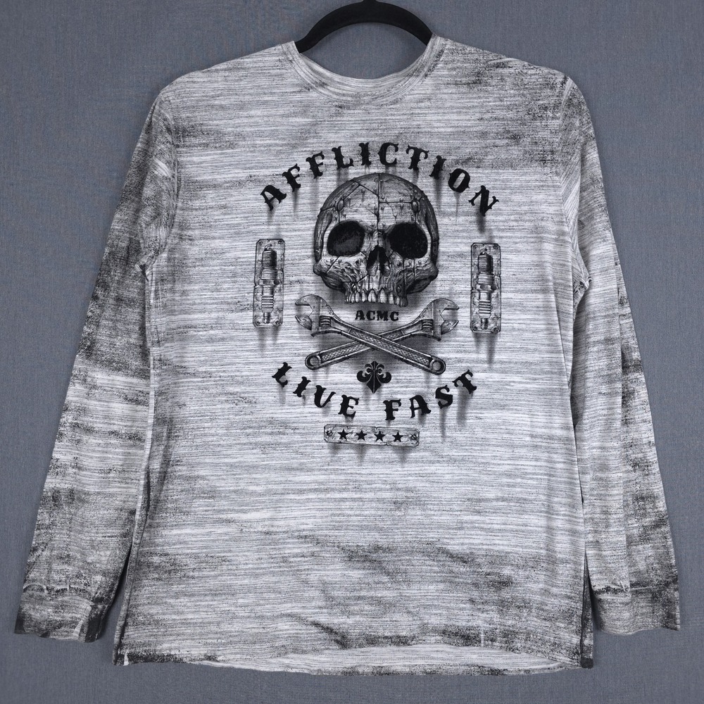 Affliction Long Sleeve Shirt Mens XL Gray Distressed‎ Grunge Skull Y2K Live Fast